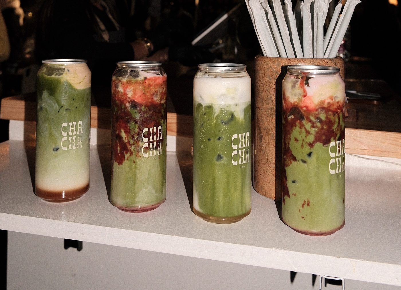 ChaChaCup drinks lined up at a night market